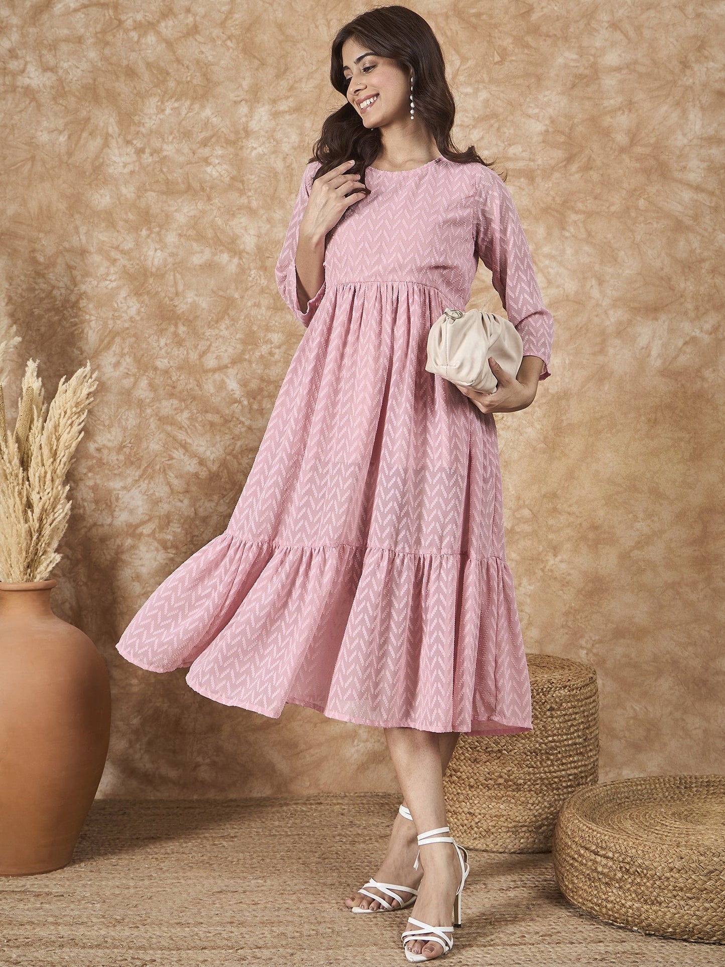 InWeave Light Pink Georgette R Neck Dress - Swadesiicart