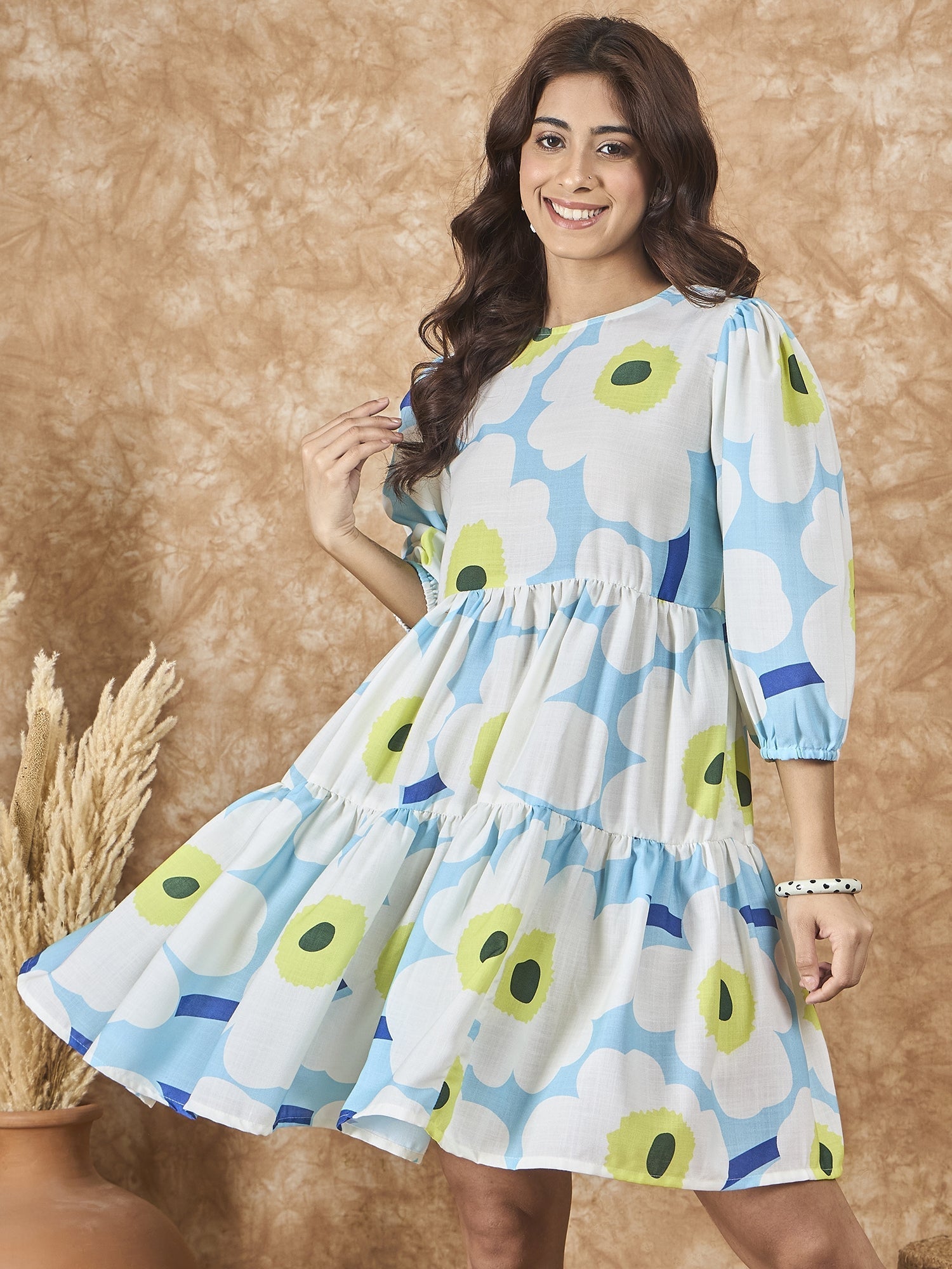 InWeave Sky Blue Big Print Short Dress - Swadesiicart