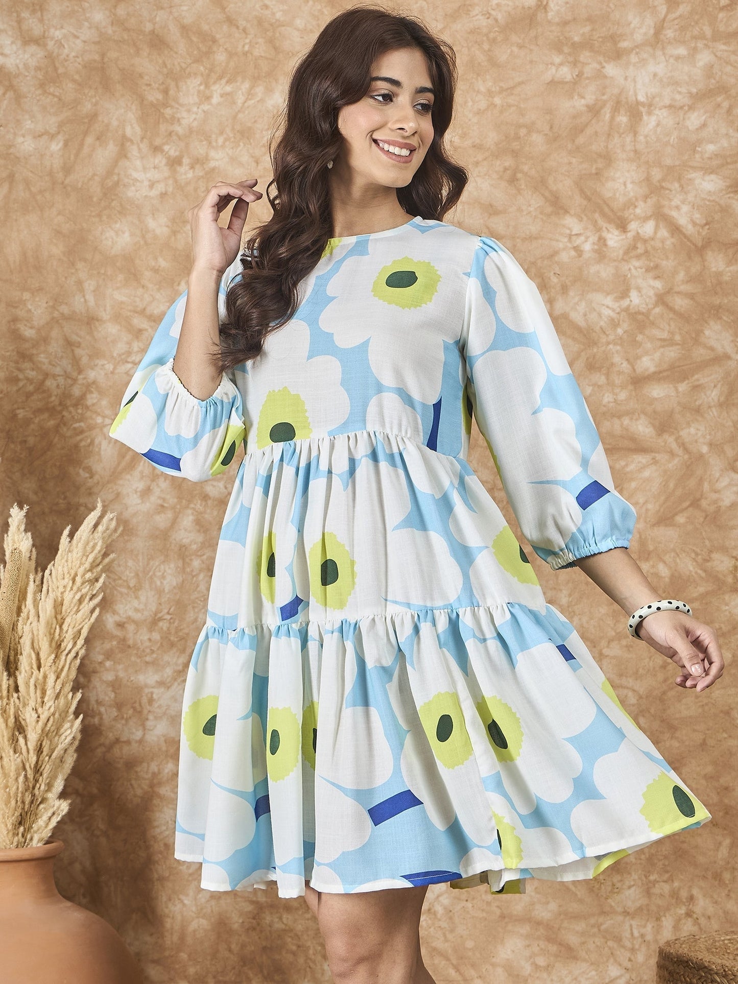 InWeave Sky Blue Big Print Short Dress - Swadesiicart