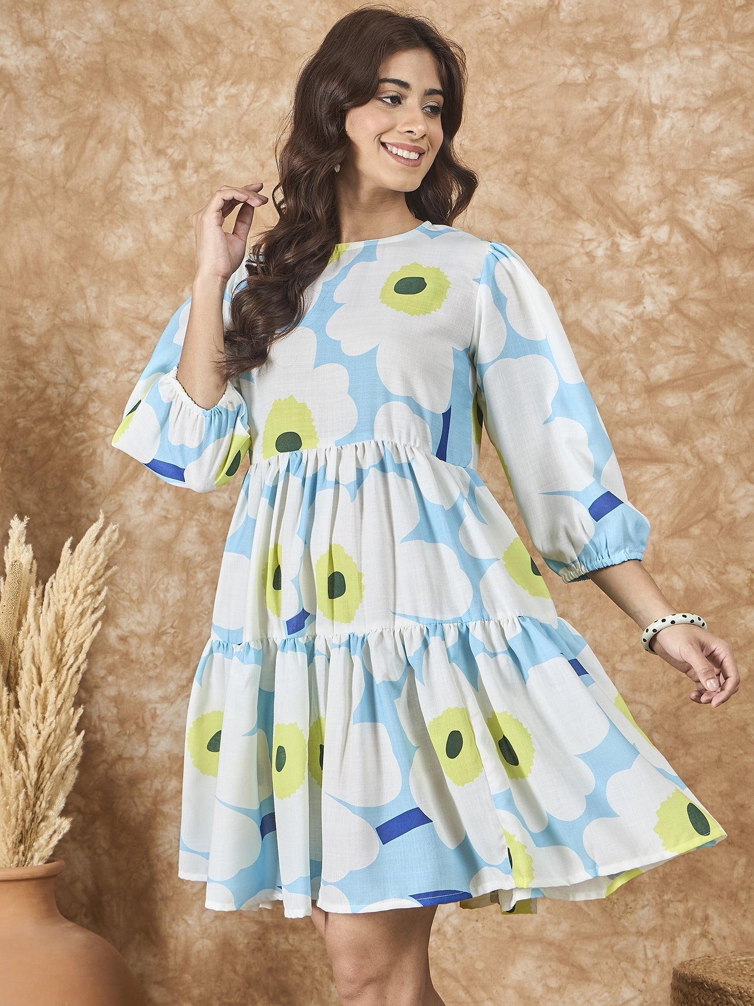 InWeave Sky Blue Big Print Short Dress - Swadesiicart
