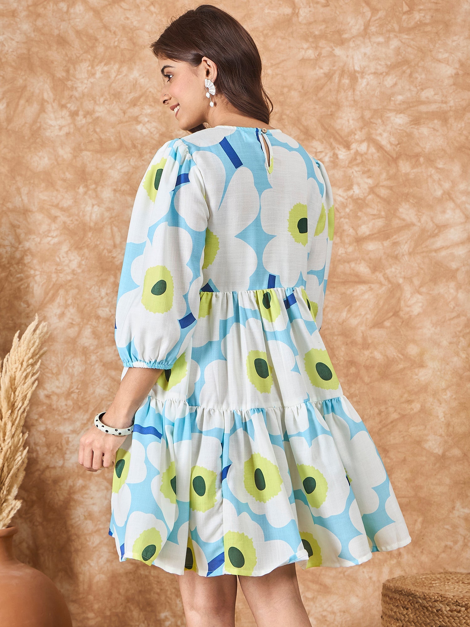 InWeave Sky Blue Big Print Short Dress - Swadesiicart