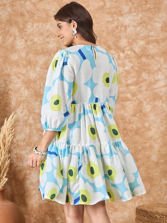 InWeave Sky Blue Big Print Short Dress - Swadesiicart