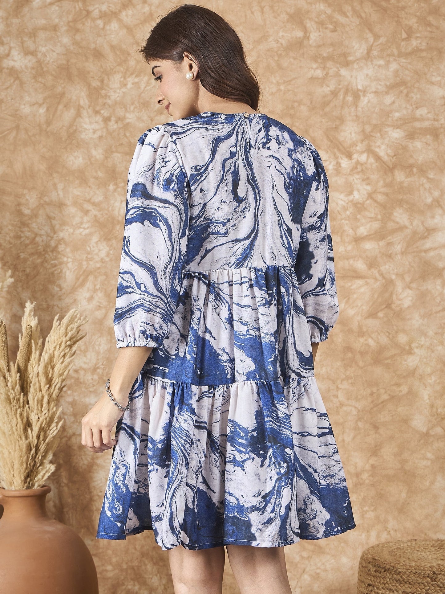 InWeave Navy White Tie Dye Short Dress - Swadesiicart