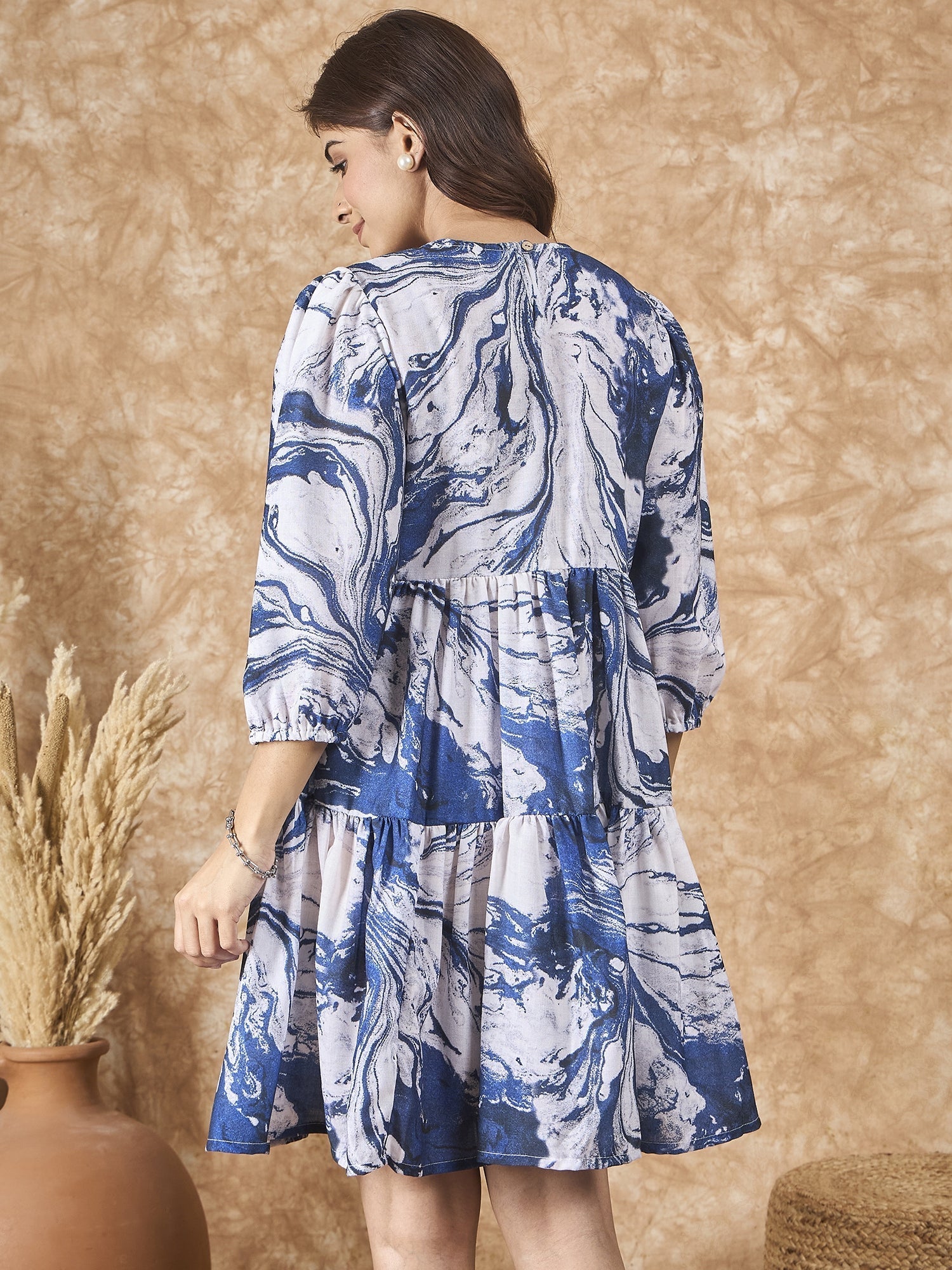 InWeave Navy White Tie Dye Short Dress - Swadesiicart