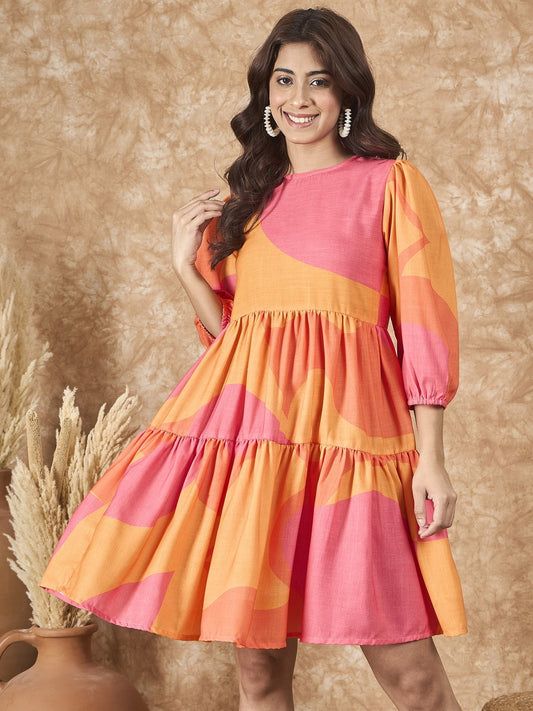 InWeave Peach Orange Print Short Dress - Swadesiicart