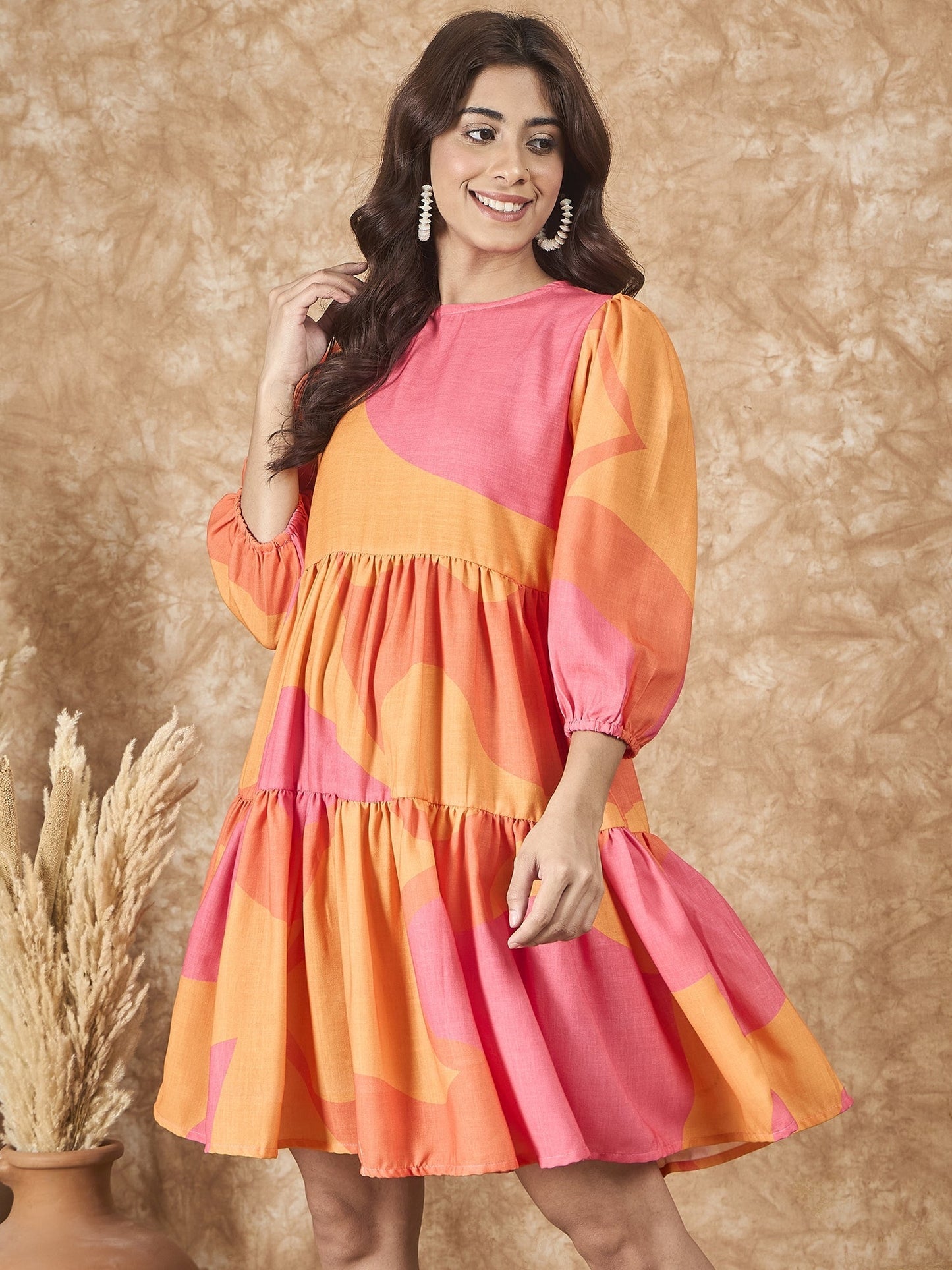 InWeave Peach Orange Print Short Dress - Swadesiicart