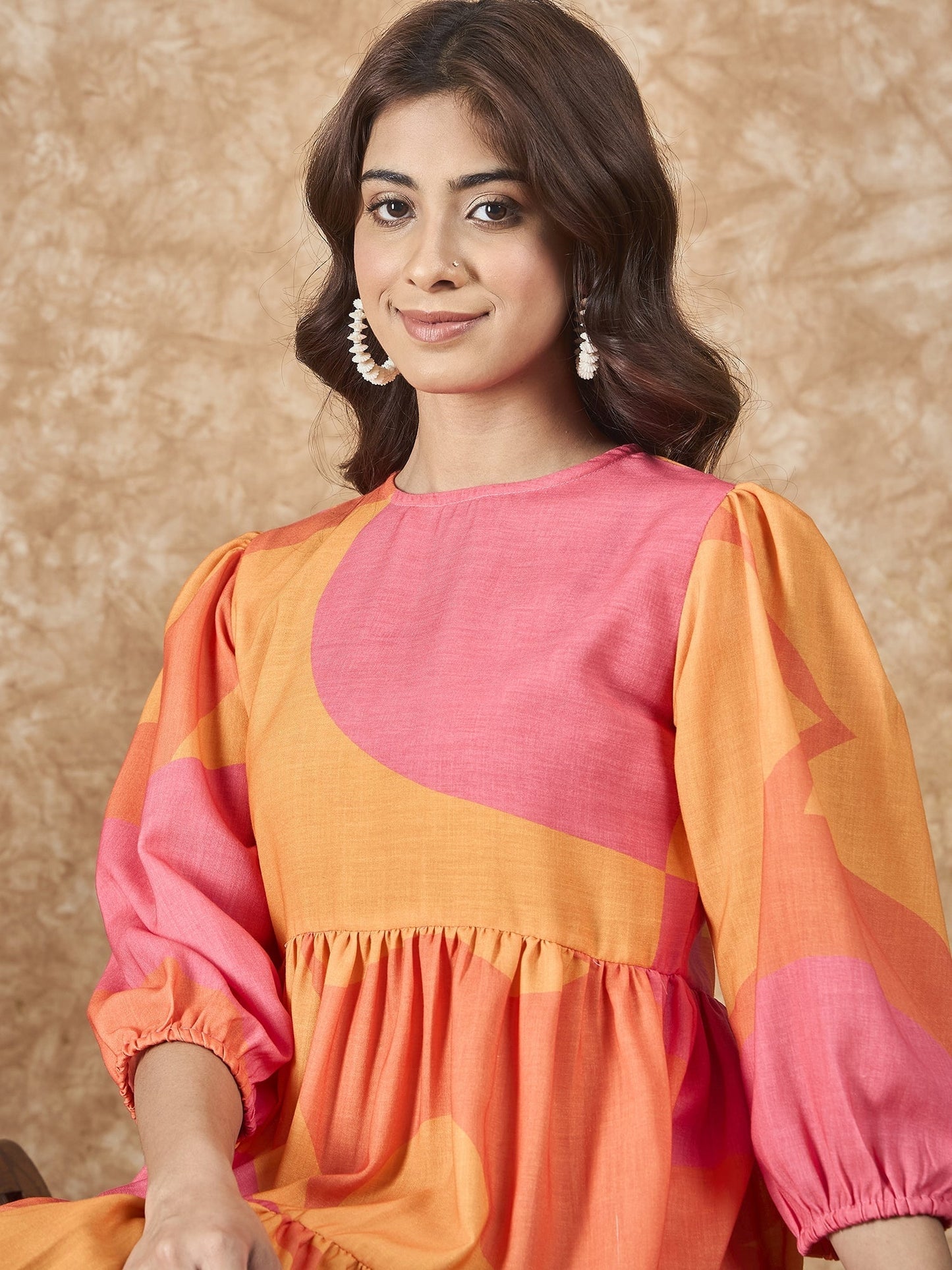 InWeave Peach Orange Print Short Dress - Swadesiicart