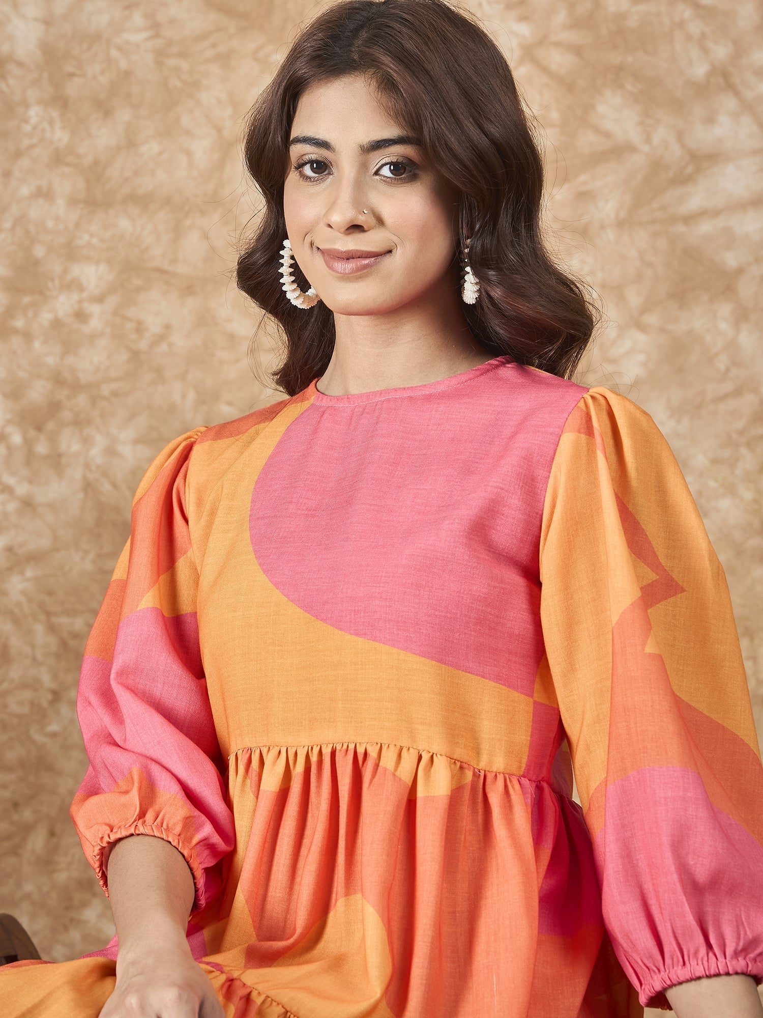 InWeave Peach Orange Print Short Dress - Swadesiicart