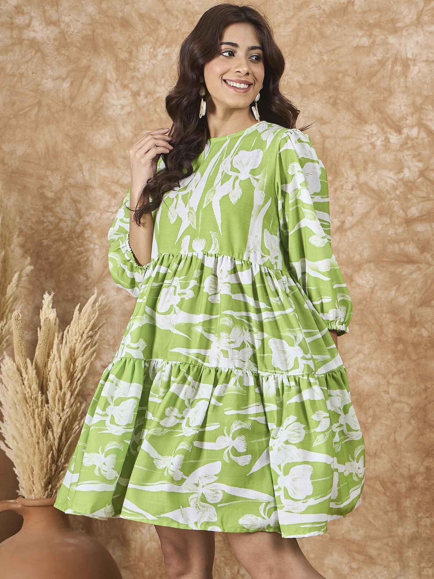 InWeave Apple Green White Short Dress - Swadesiicart