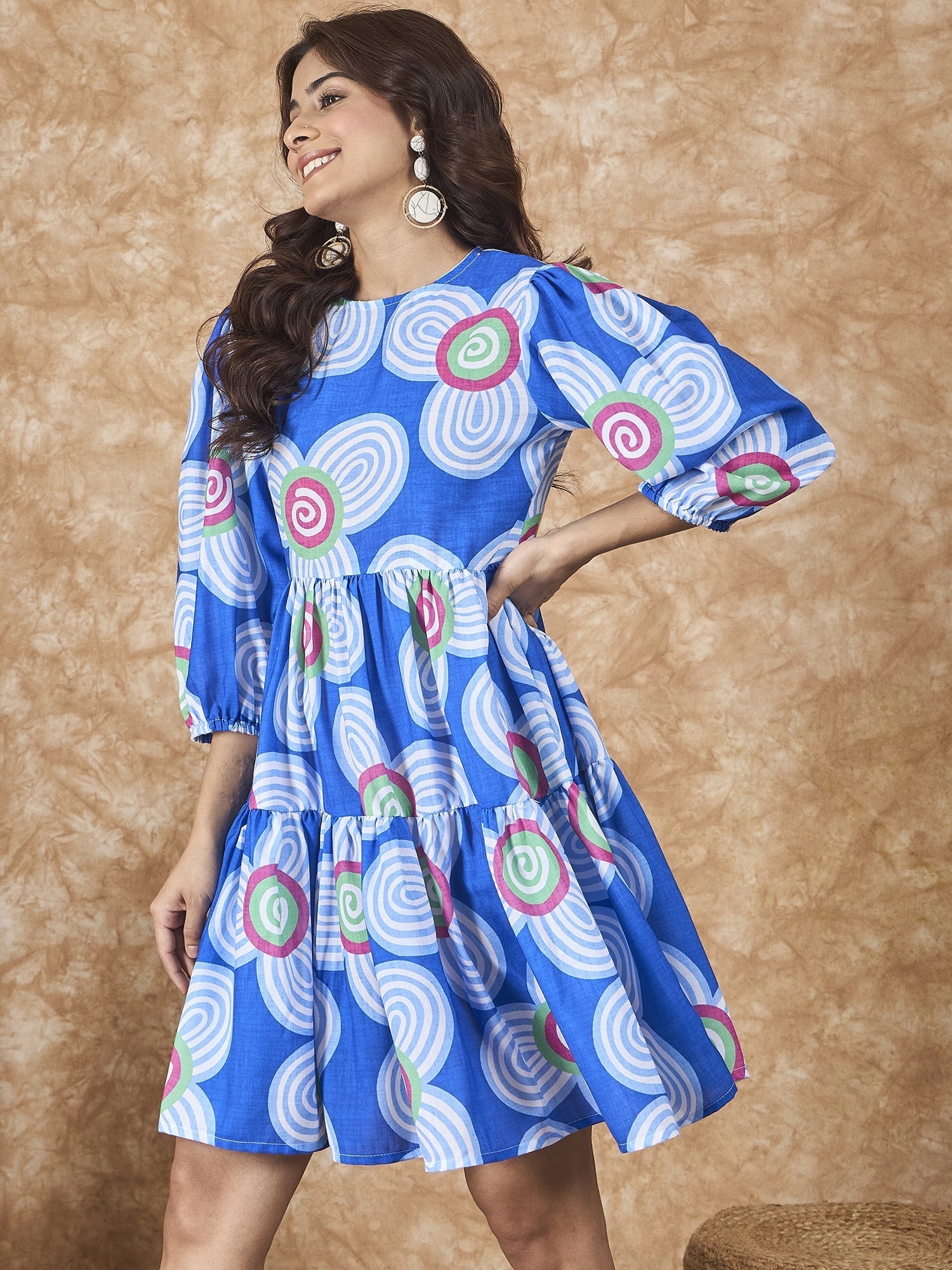 InWeave Blue White Flower Short Dress - Swadesiicart