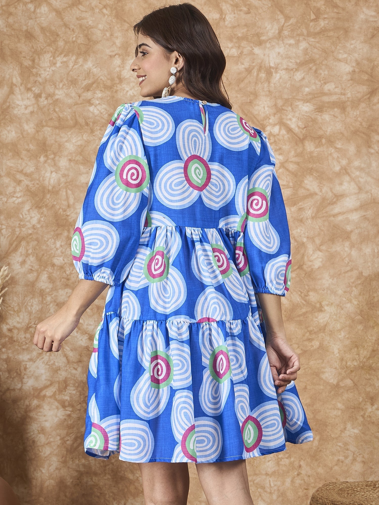 InWeave Blue White Flower Short Dress - Swadesiicart
