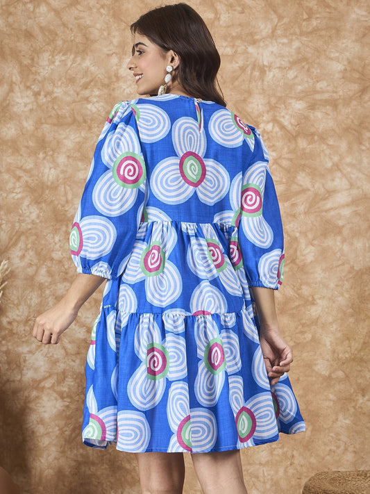 InWeave Blue White Flower Short Dress - Swadesiicart