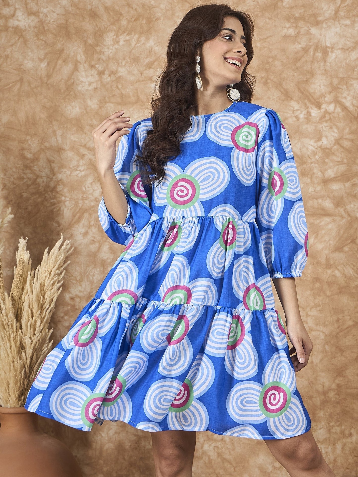 InWeave Blue White Flower Short Dress - Swadesiicart