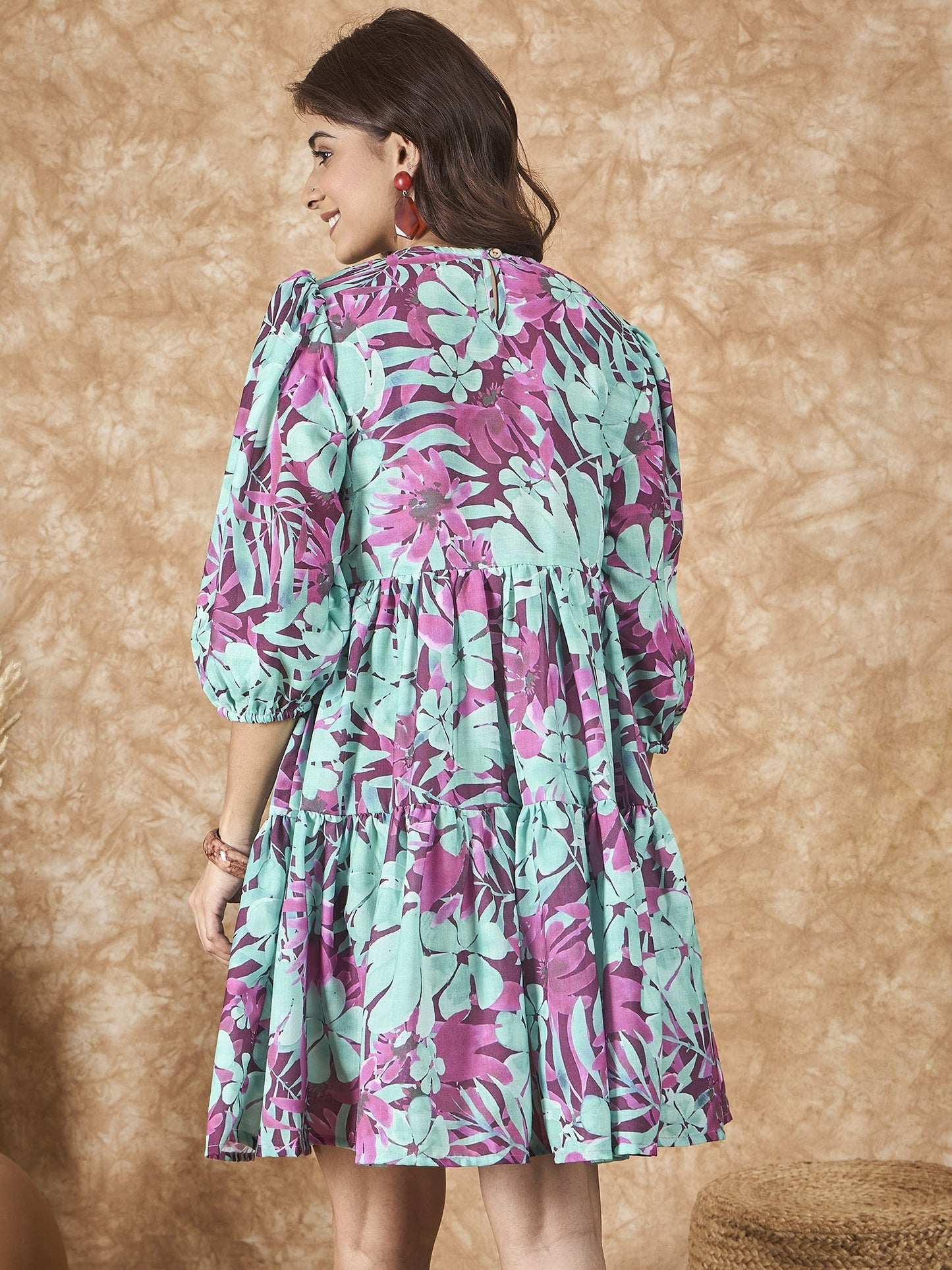 InWeave Green Purple Print Short Dress - Swadesiicart
