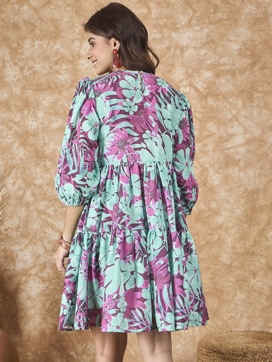 InWeave Green Purple Print Short Dress - Swadesiicart