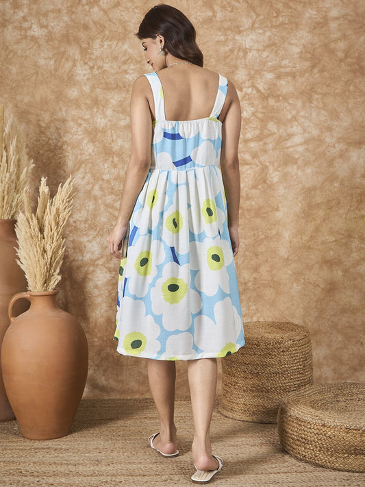InWeave Sky Blue Big Print Sweetheart Dress - Swadesiicart