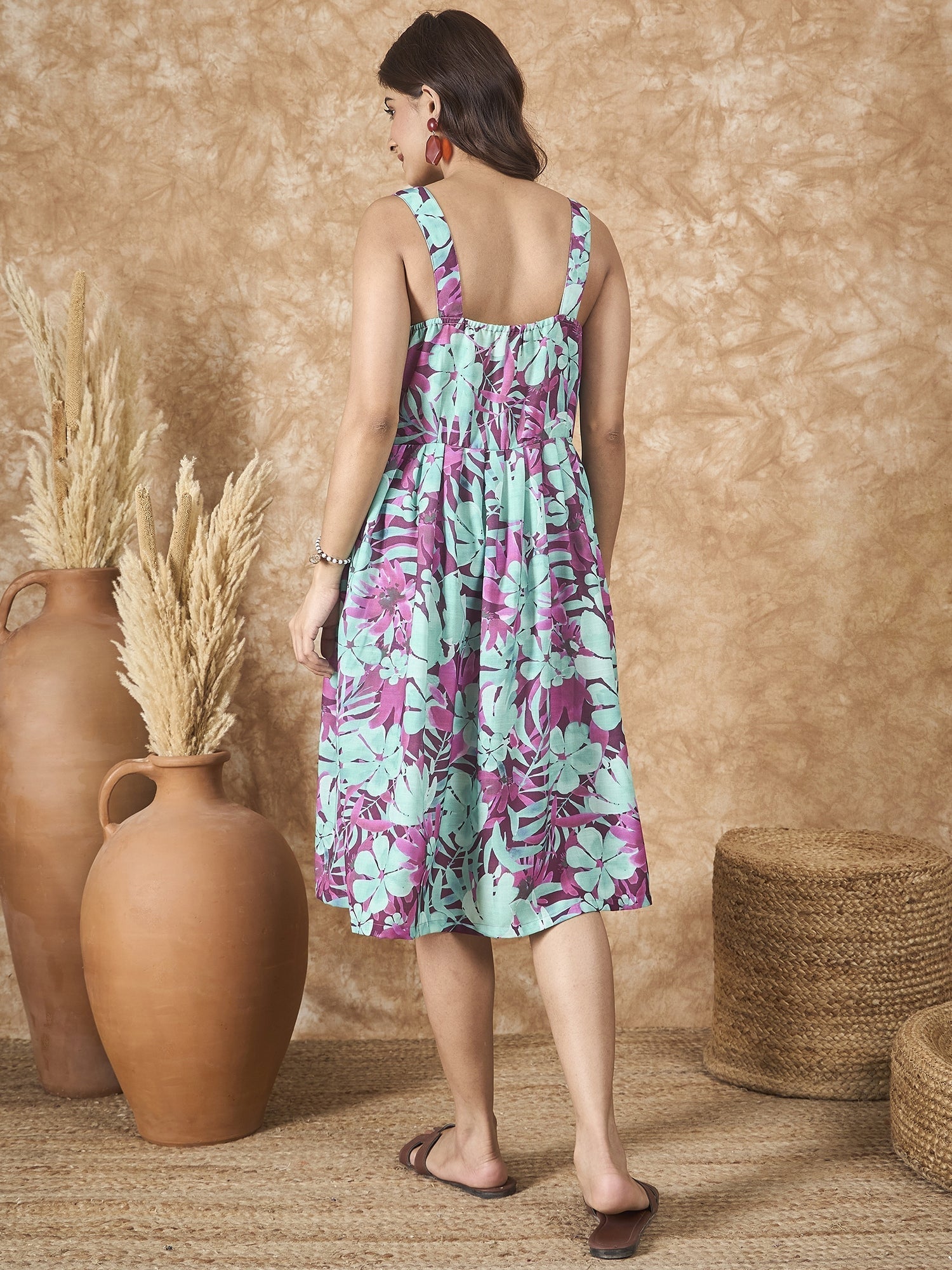 InWeave Green Purple Print Sweetheart Dress - Swadesiicart