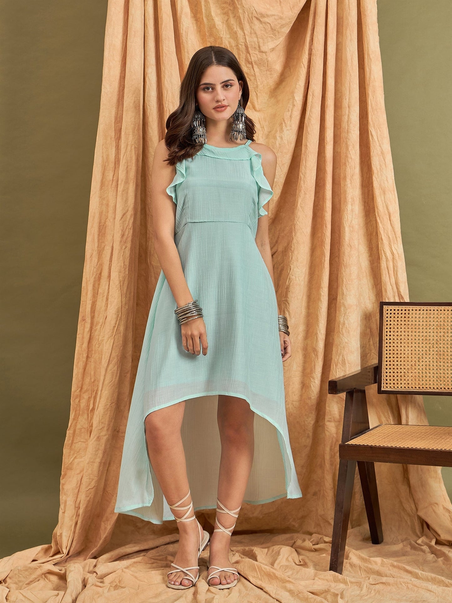 InWeave Sky Blue Chiffon Frill Dress - Swadesiicart