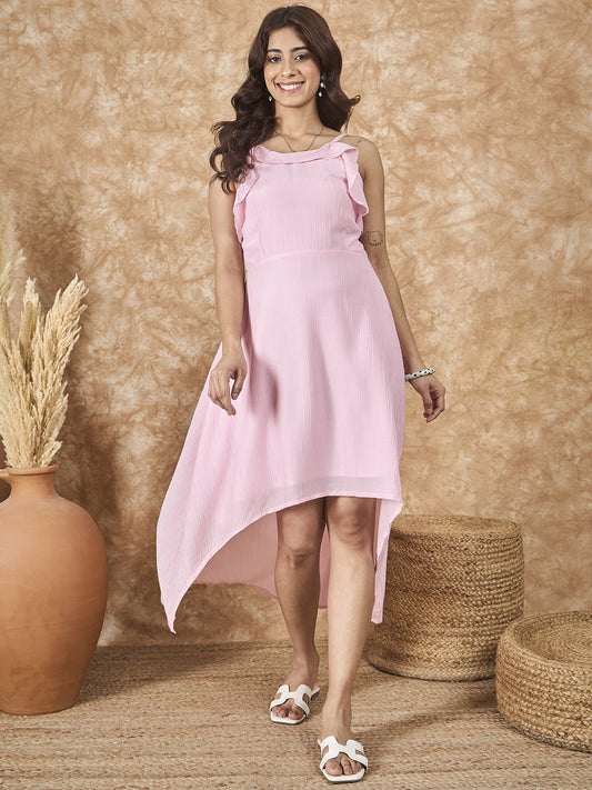 InWeave Pink Chiffon Frill Dress - Swadesiicart