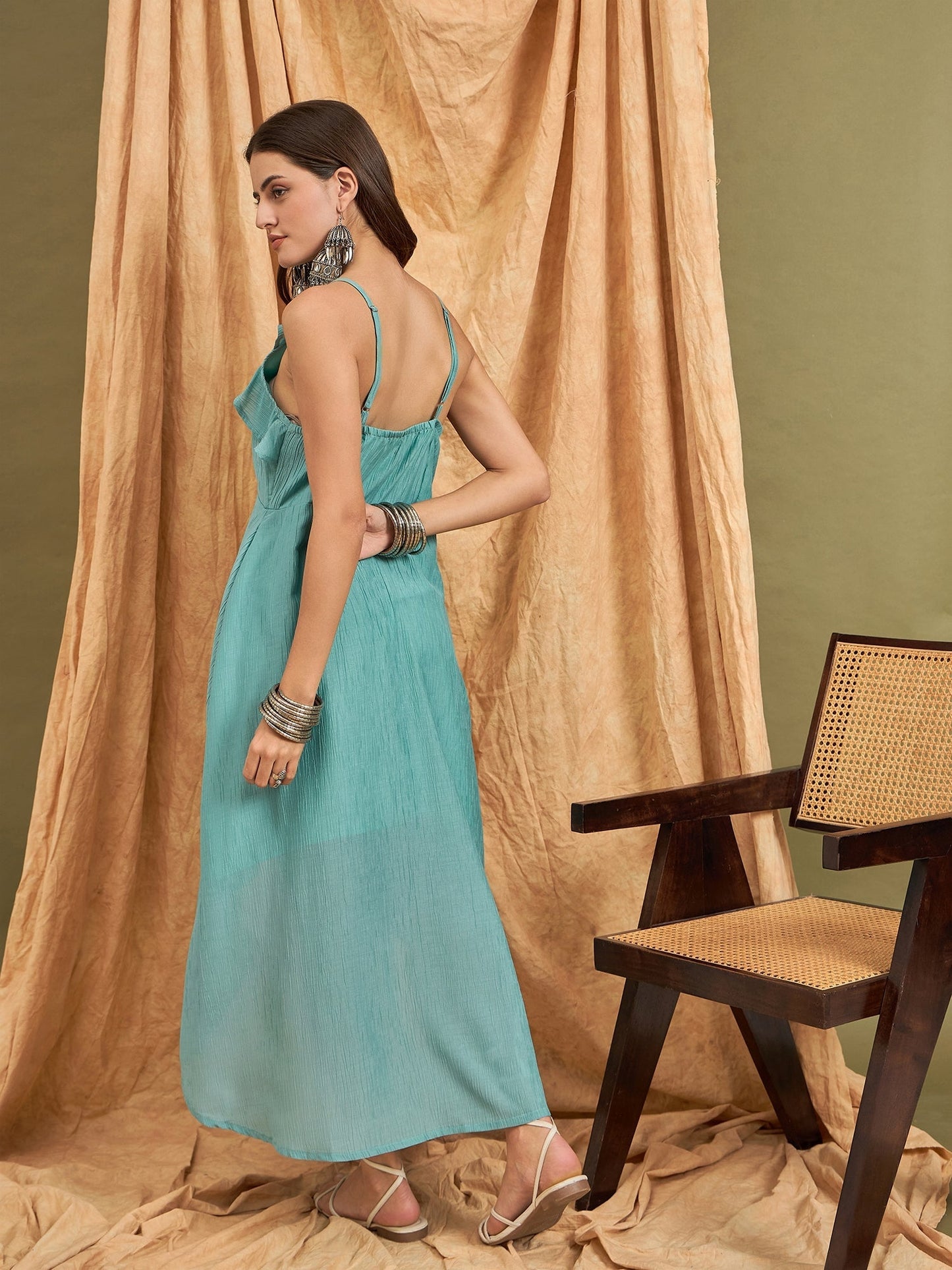 InWeave Cadet Blue Chiffon Frill Dress - Swadesiicart