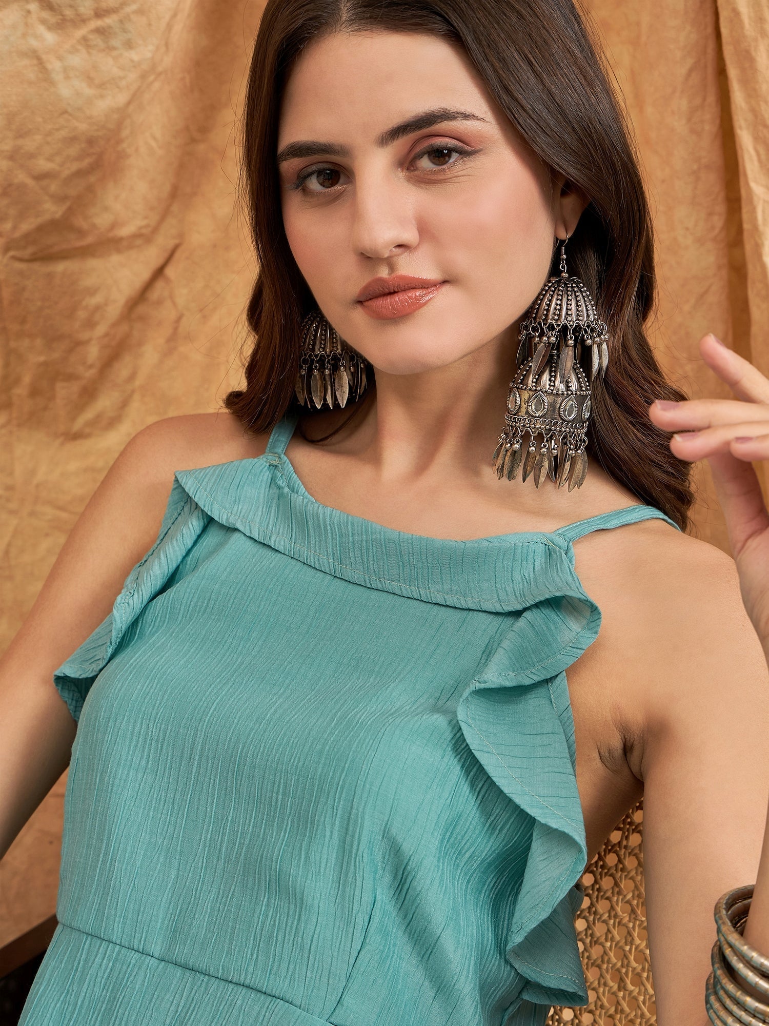 InWeave Cadet Blue Chiffon Frill Dress - Swadesiicart