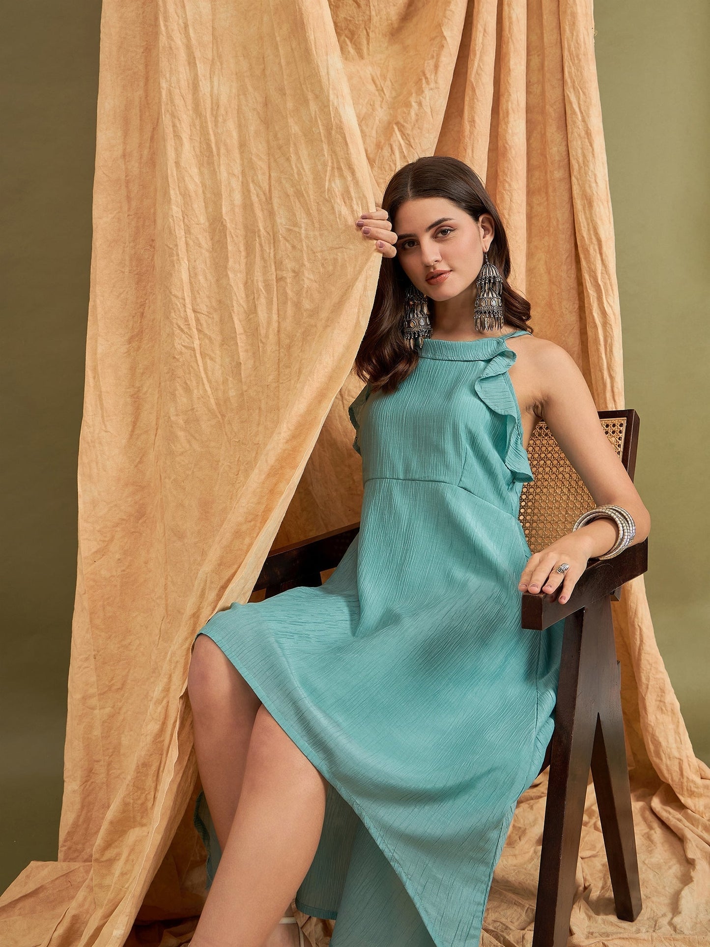 InWeave Cadet Blue Chiffon Frill Dress - Swadesiicart