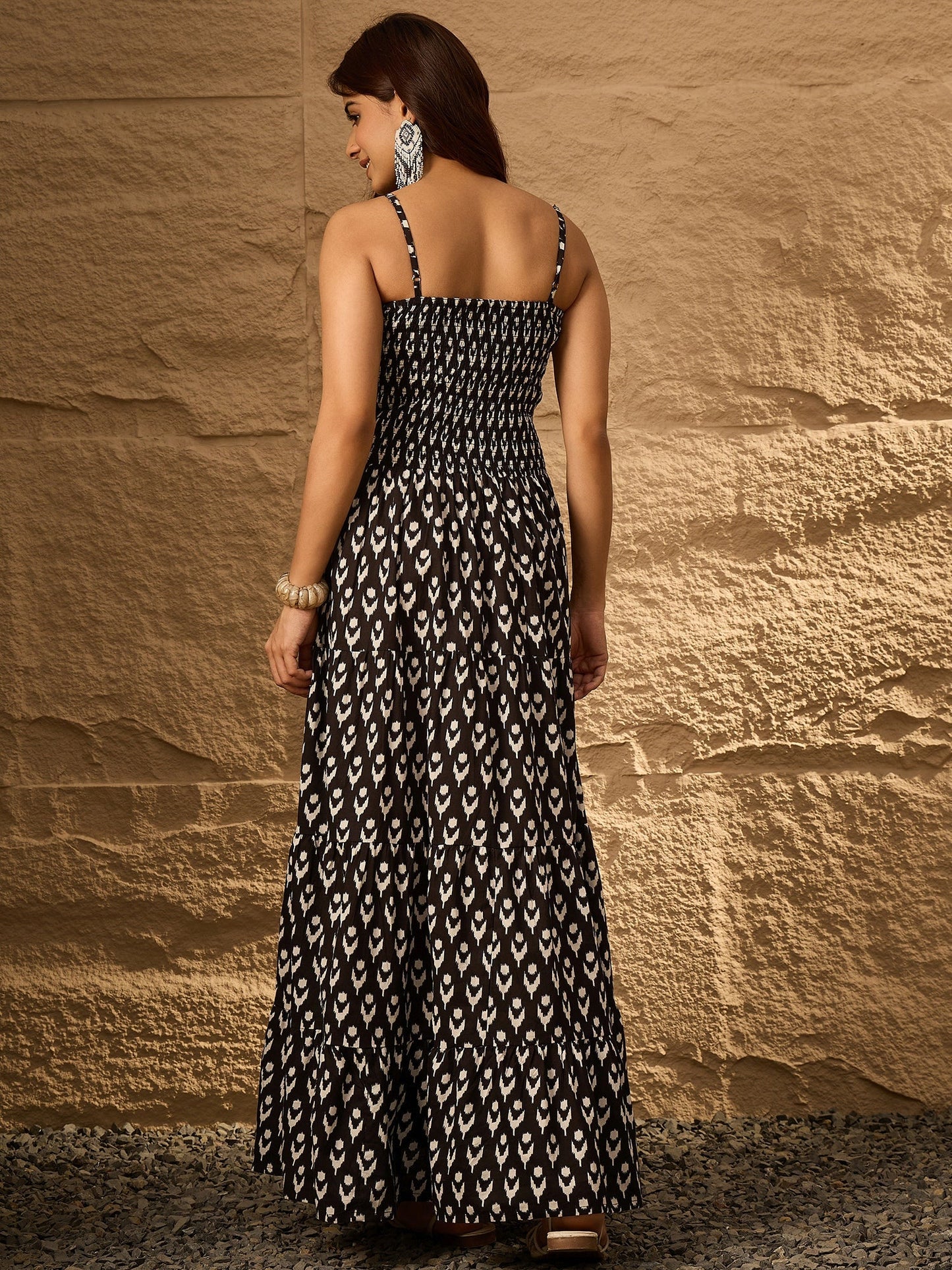InWeave Black Arrow Ikkat Tiered Dress - Swadesiicart