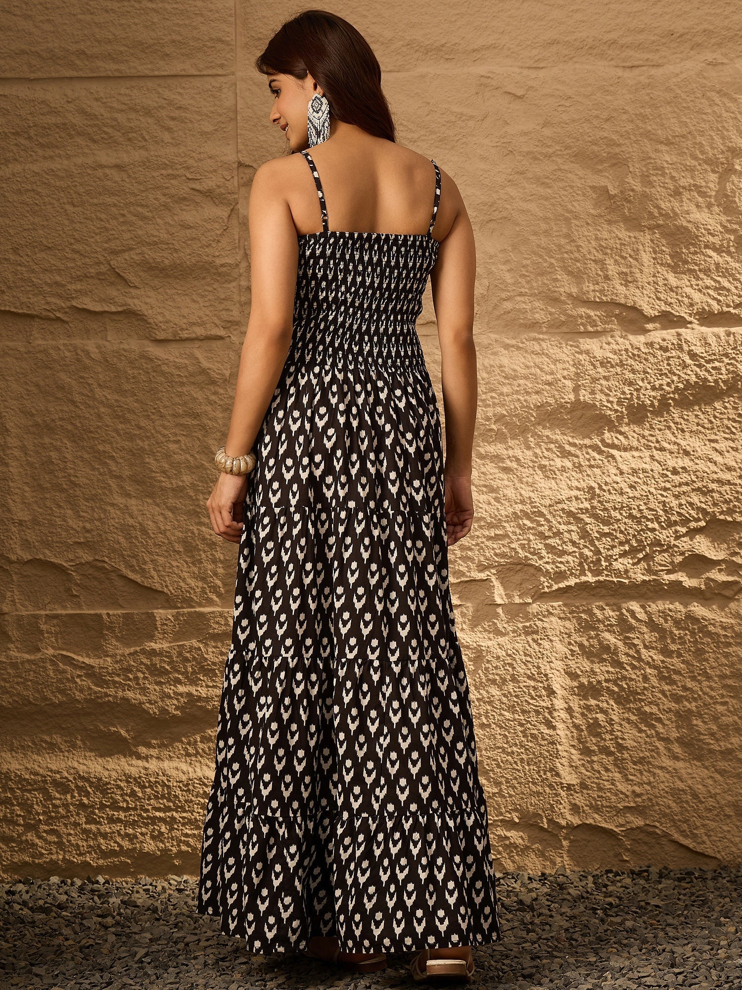 InWeave Black Arrow Ikkat Tiered Dress - Swadesiicart