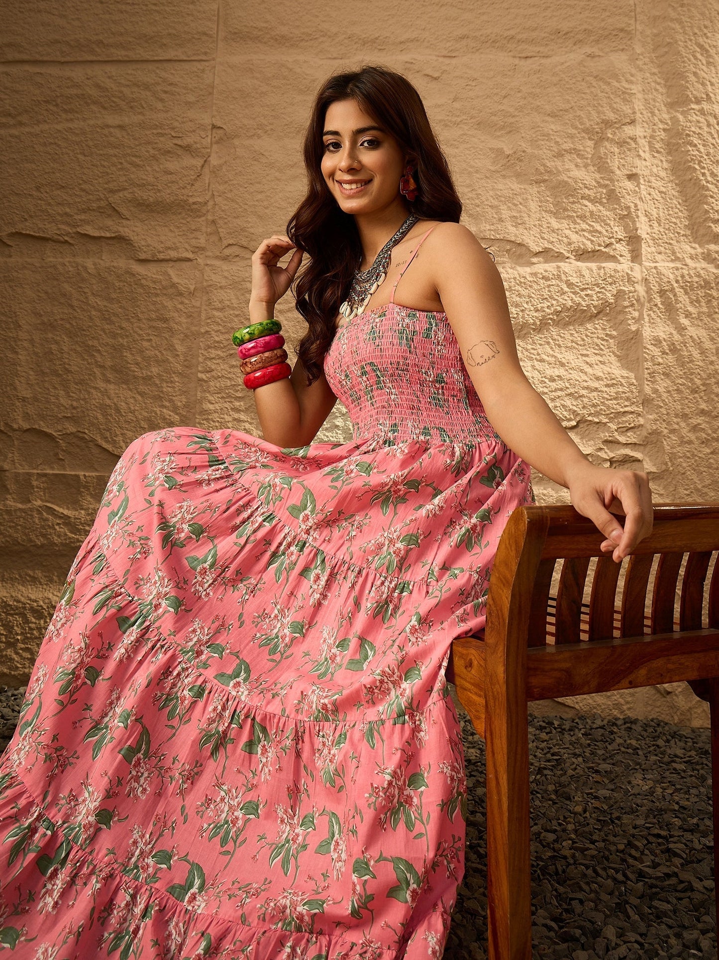 InWeave Peach Floral Print Tiered Dress - Swadesiicart