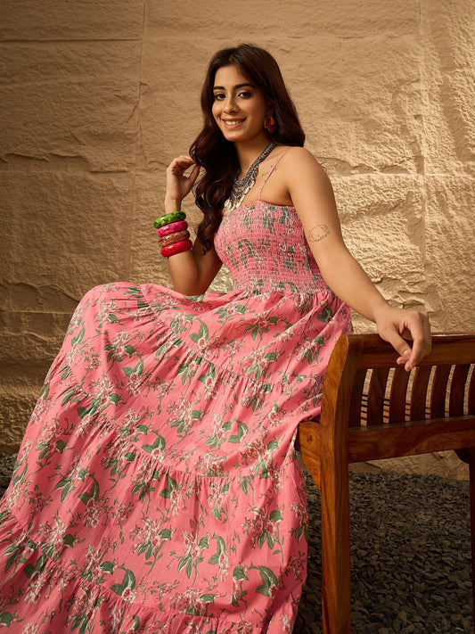 InWeave Peach Floral Print Tiered Dress - Swadesiicart