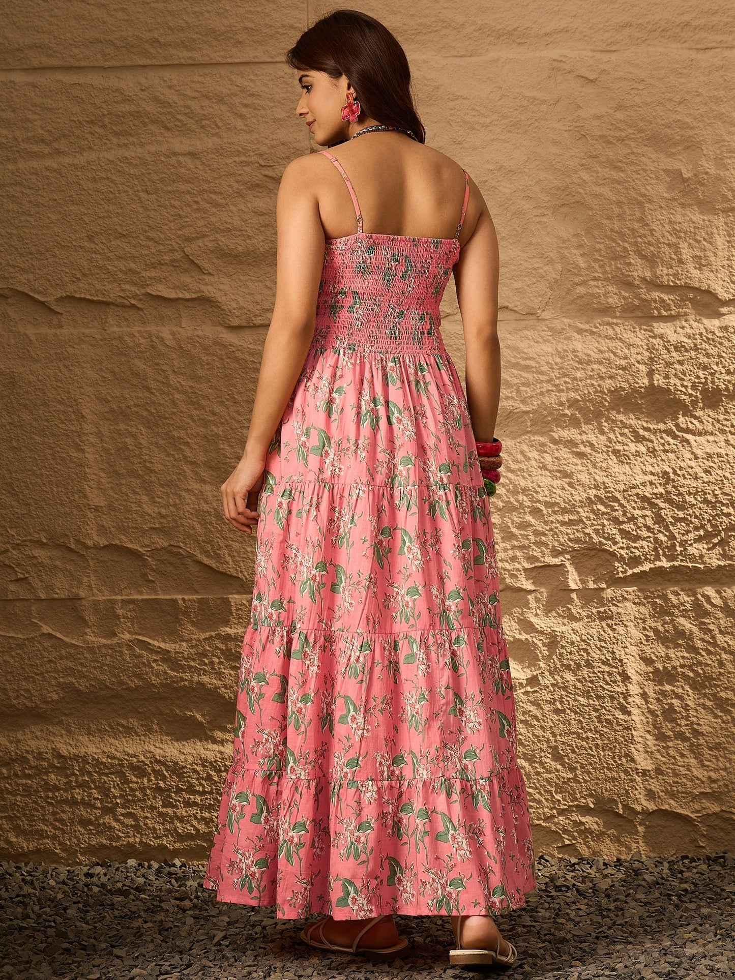 InWeave Peach Floral Print Tiered Dress - Swadesiicart