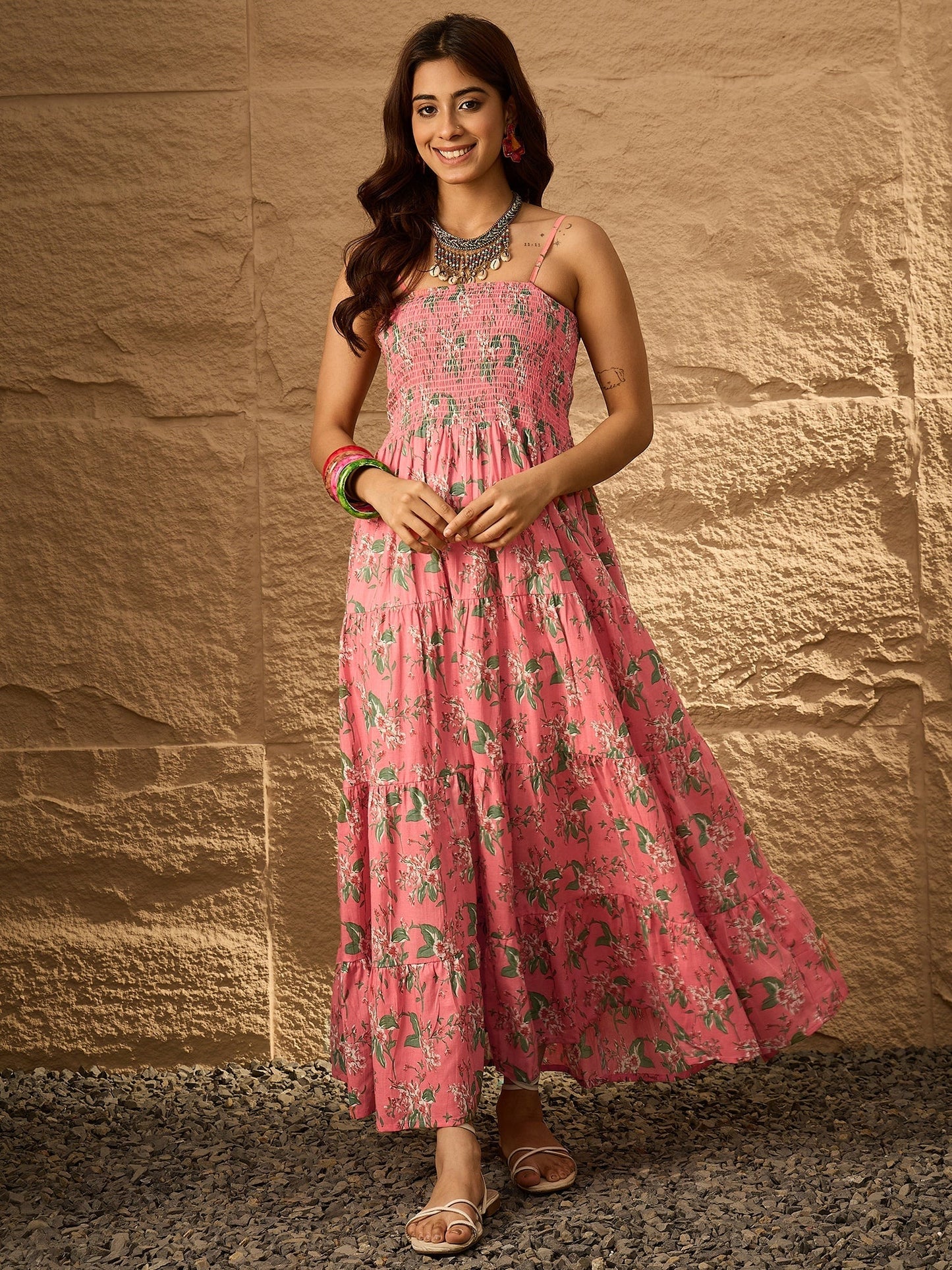 InWeave Peach Floral Print Tiered Dress - Swadesiicart