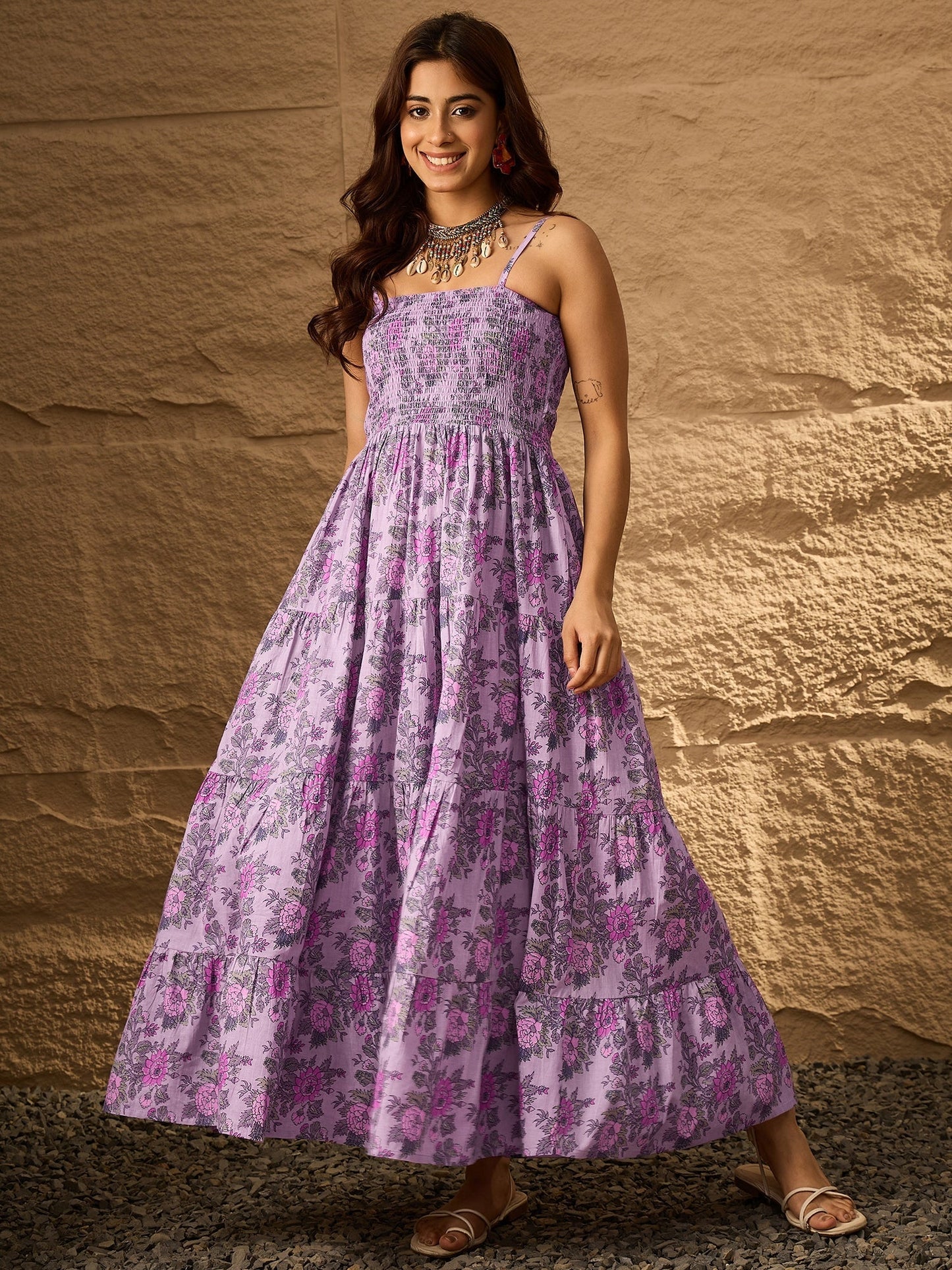 InWeave Lavender Floral Tiered Dress - Swadesiicart