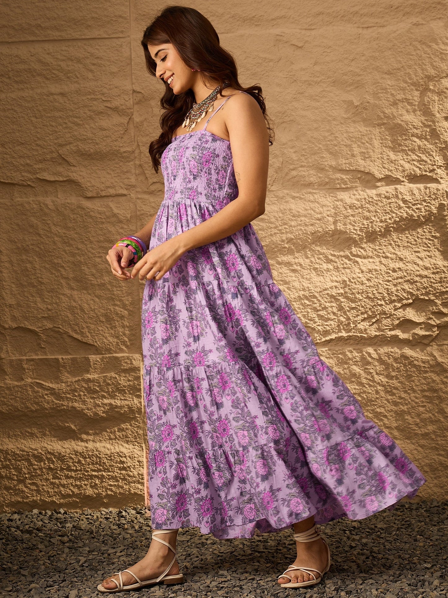 InWeave Lavender Floral Tiered Dress - Swadesiicart
