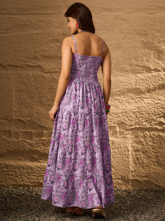 InWeave Lavender Floral Tiered Dress - Swadesiicart