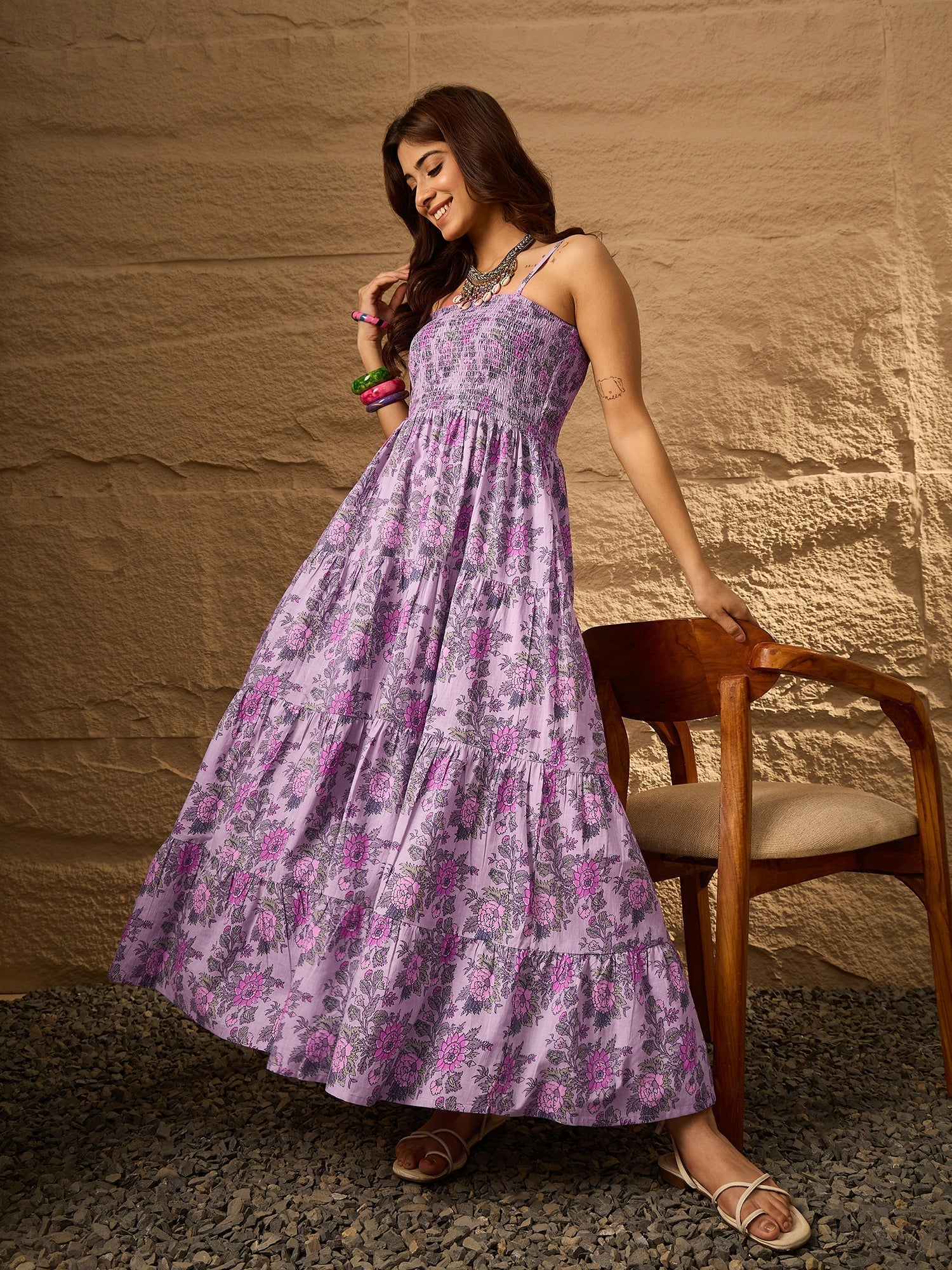 InWeave Lavender Floral Tiered Dress - Swadesiicart