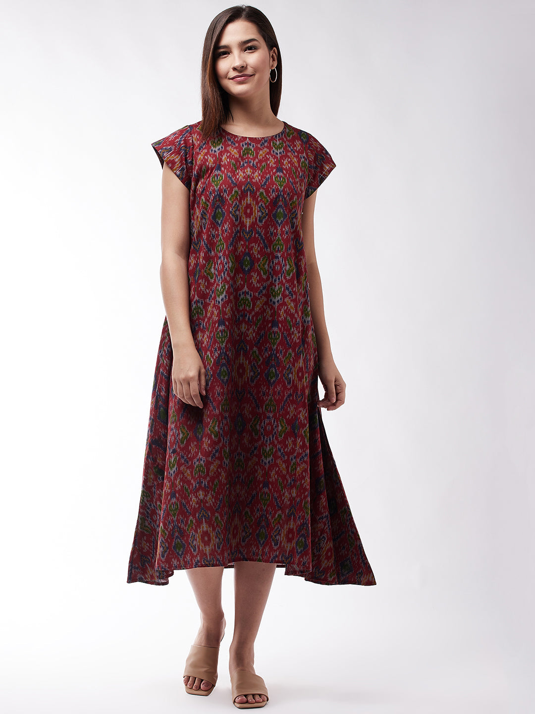 InWeave Abstract A- Line Ikkat Print Dress - Swadesiicart