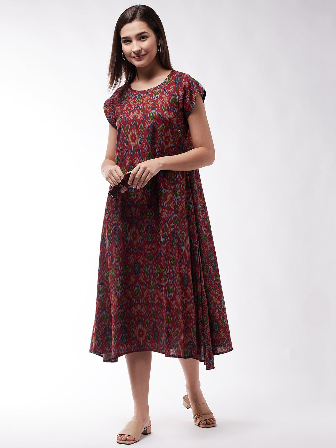 InWeave Abstract A- Line Ikkat Print Dress - Swadesiicart