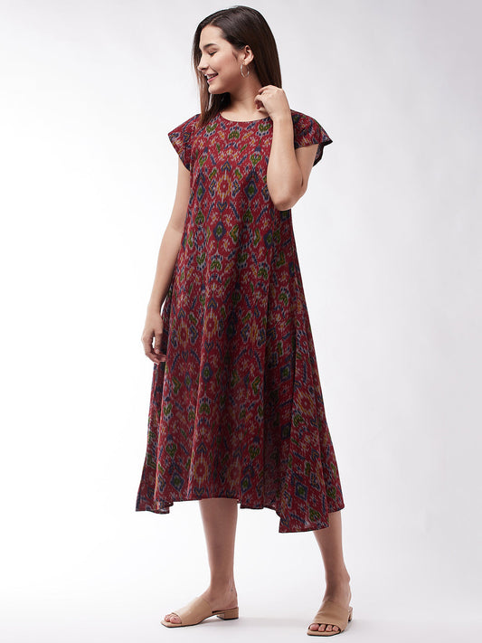 InWeave Abstract A- Line Ikkat Print Dress - Swadesiicart