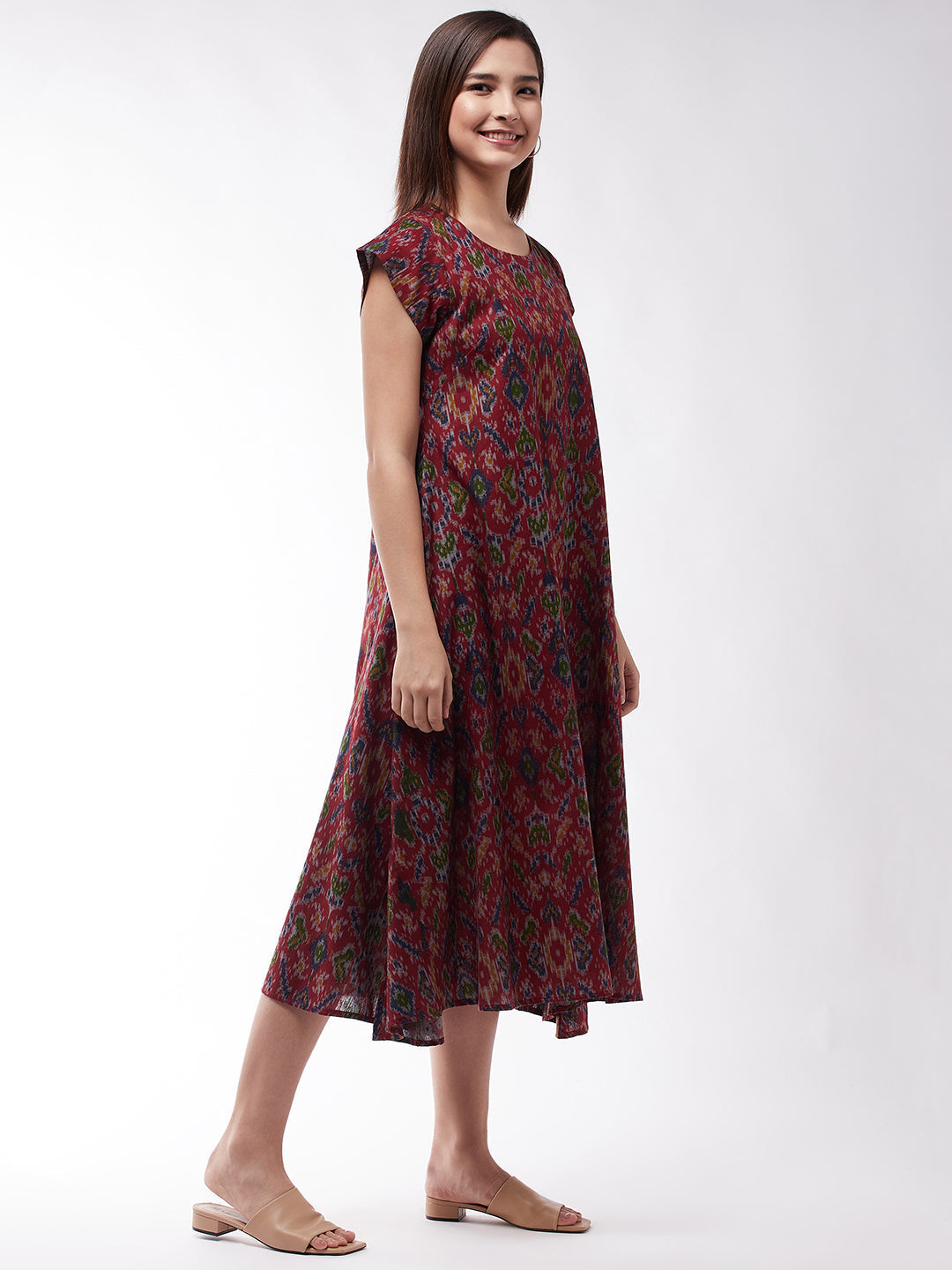 InWeave Abstract A- Line Ikkat Print Dress - Swadesiicart