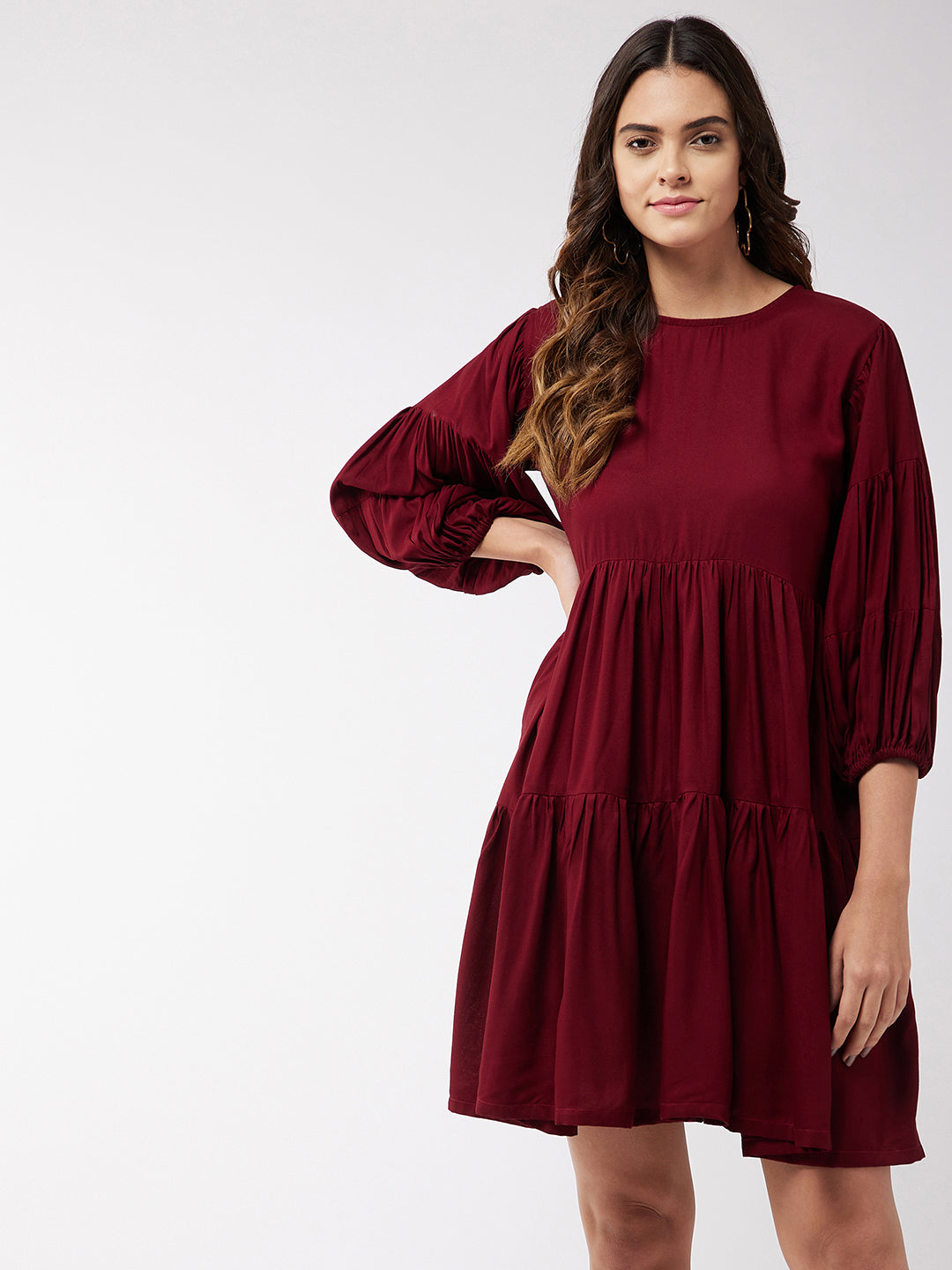 InWeave Women's Barn Red Flared Short Dress - Swadesiicart