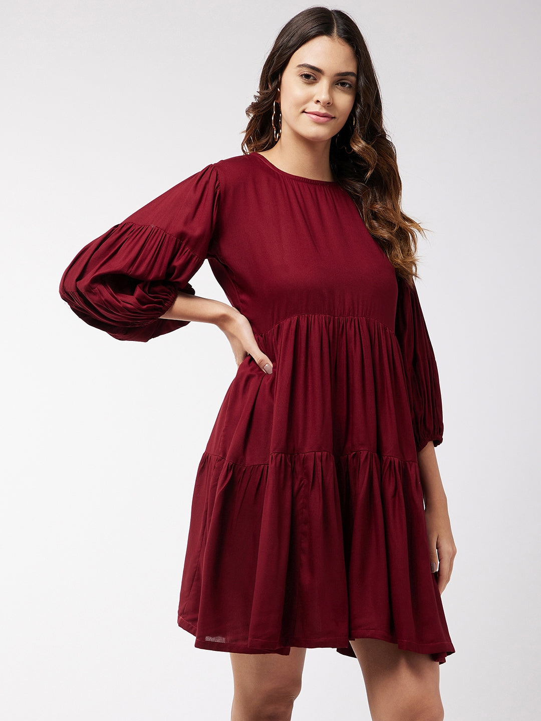 InWeave Women's Barn Red Flared Short Dress - Swadesiicart
