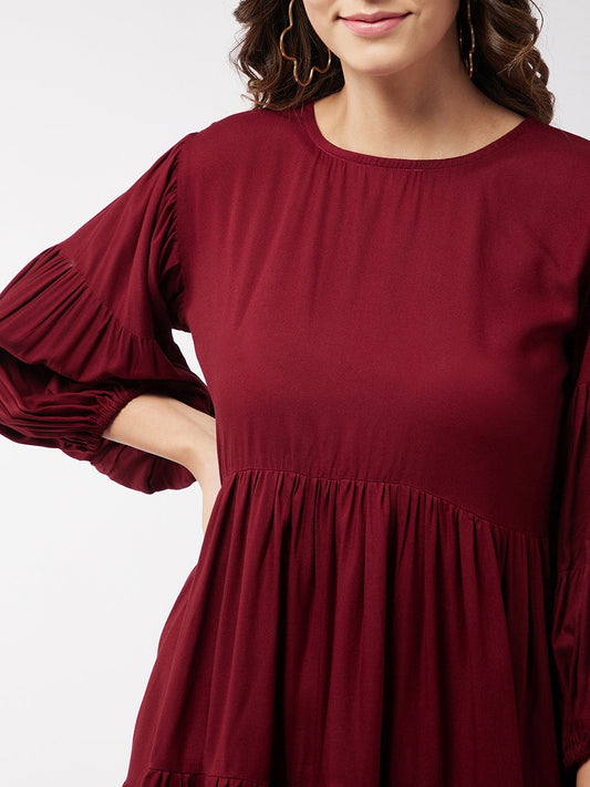 InWeave Women's Barn Red Flared Short Dress - Swadesiicart
