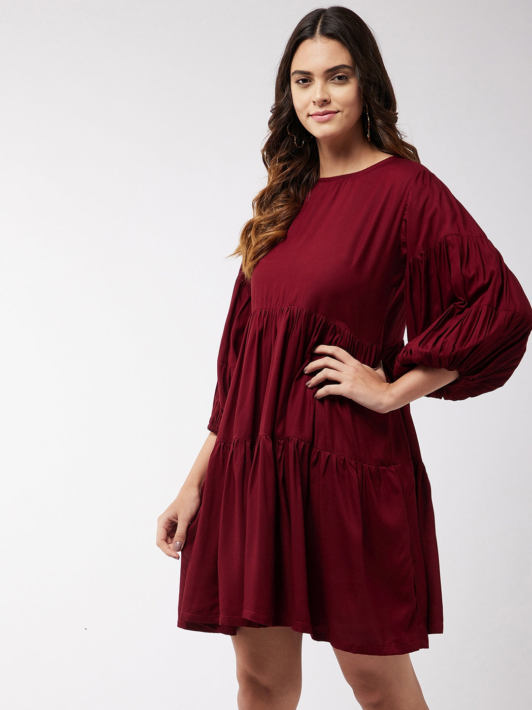 InWeave Women's Barn Red Flared Short Dress - Swadesiicart