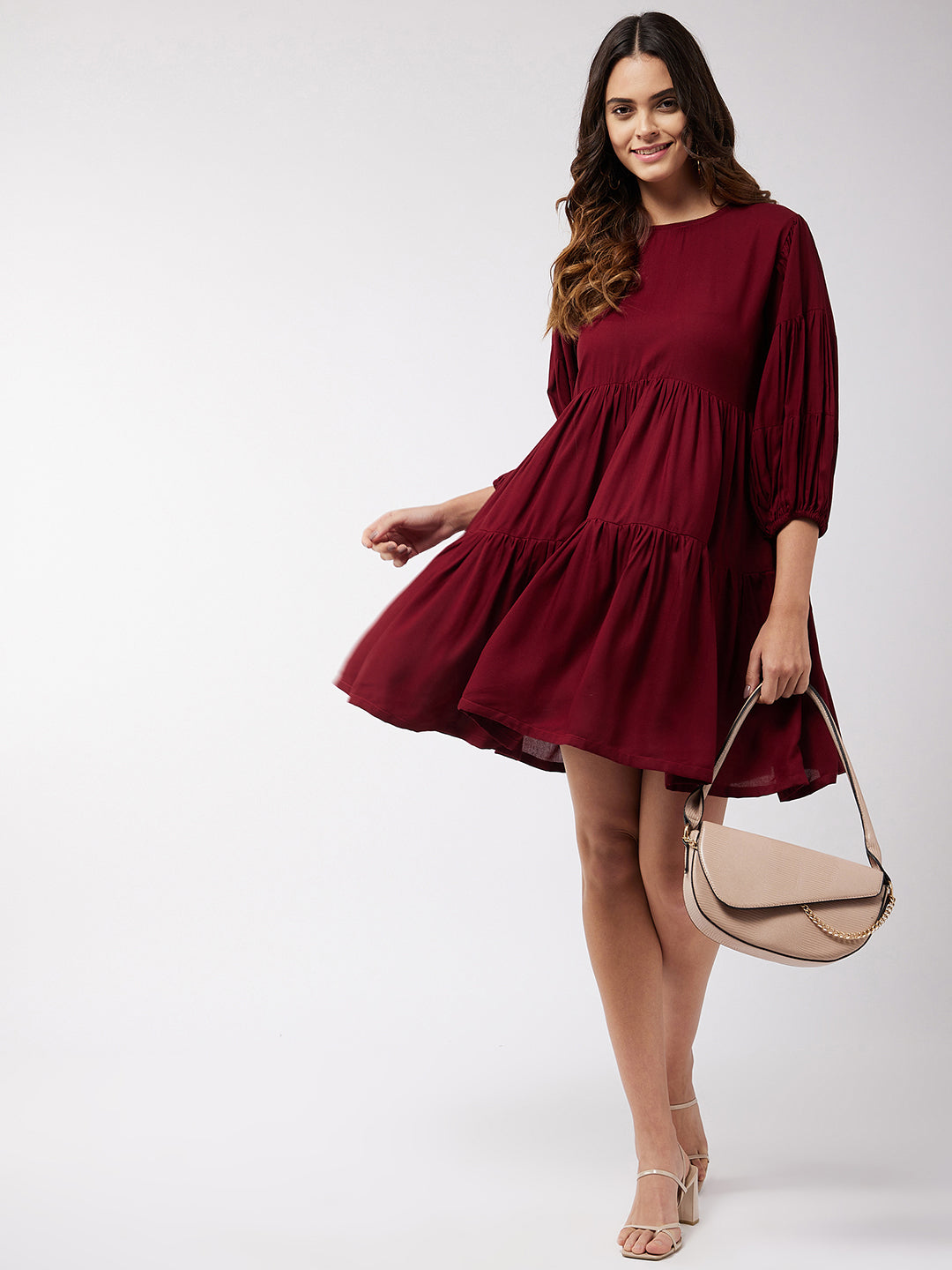 InWeave Women's Barn Red Flared Short Dress - Swadesiicart