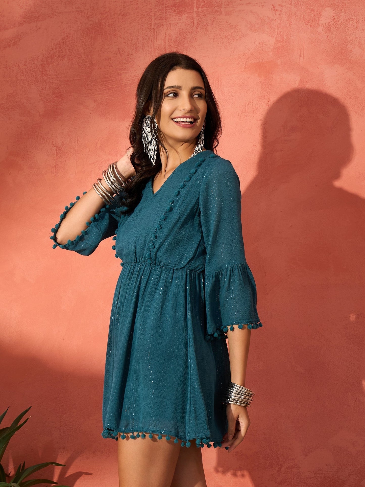 InWeave Teal Lurex Dress With Lace - Swadesiicart