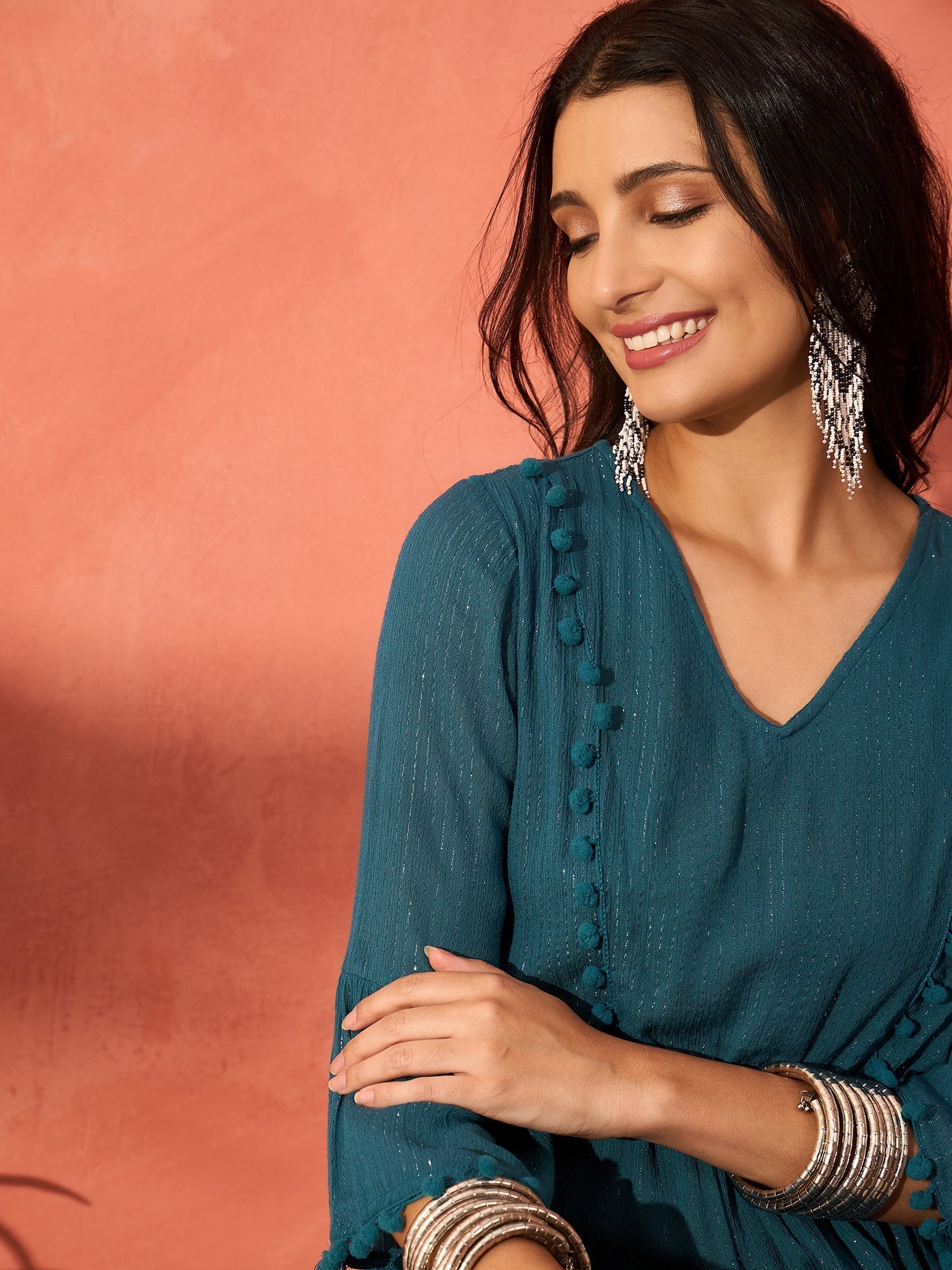 InWeave Teal Lurex Dress With Lace - Swadesiicart
