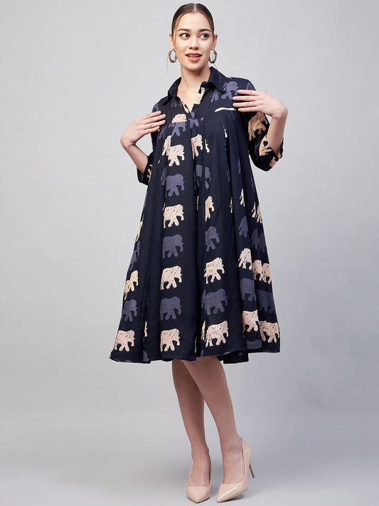 InWeave Women's Blue Elephant Print Flared Dress - Swadesiicart
