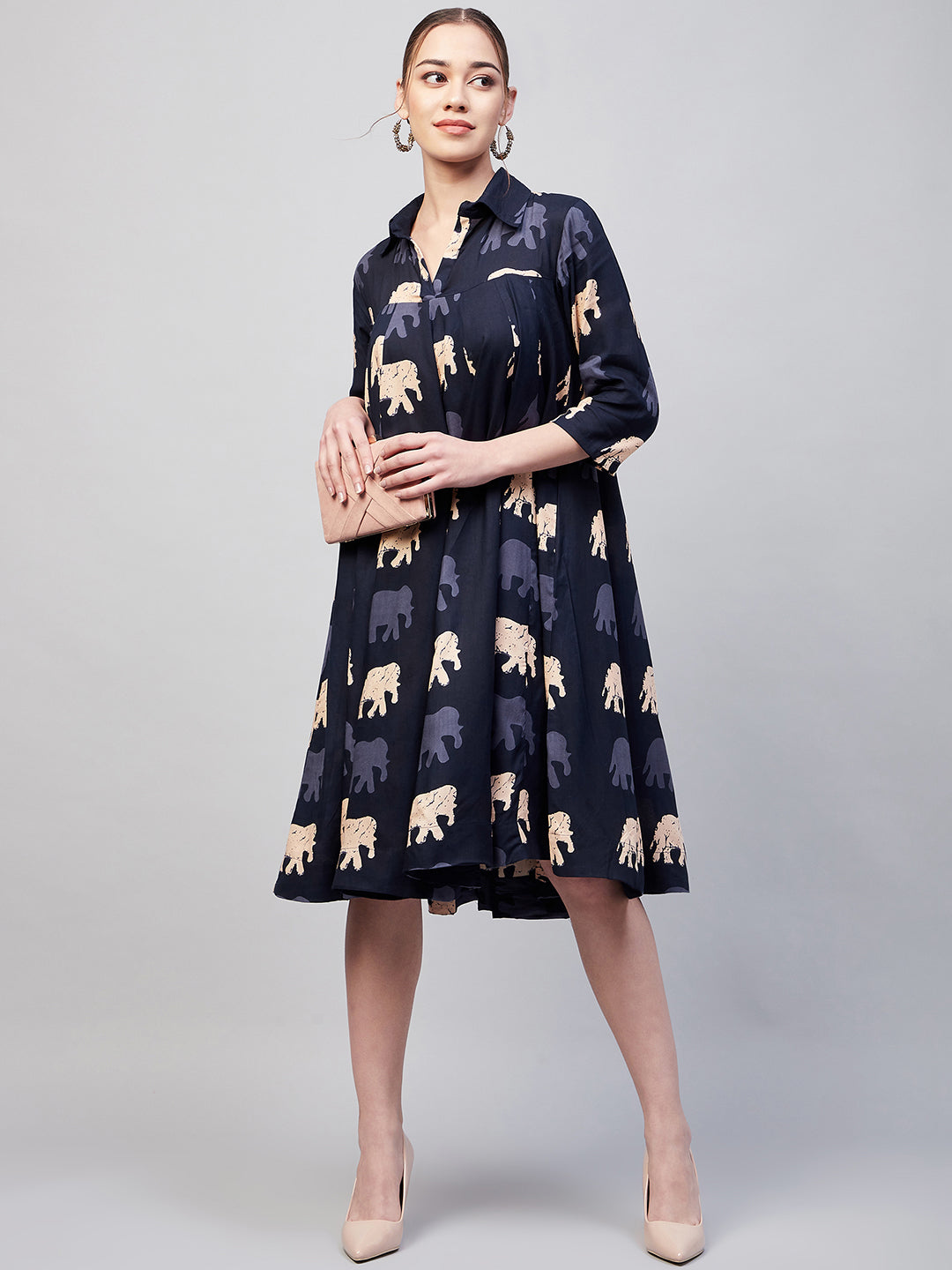InWeave Women's Blue Elephant Print Flared Dress - Swadesiicart