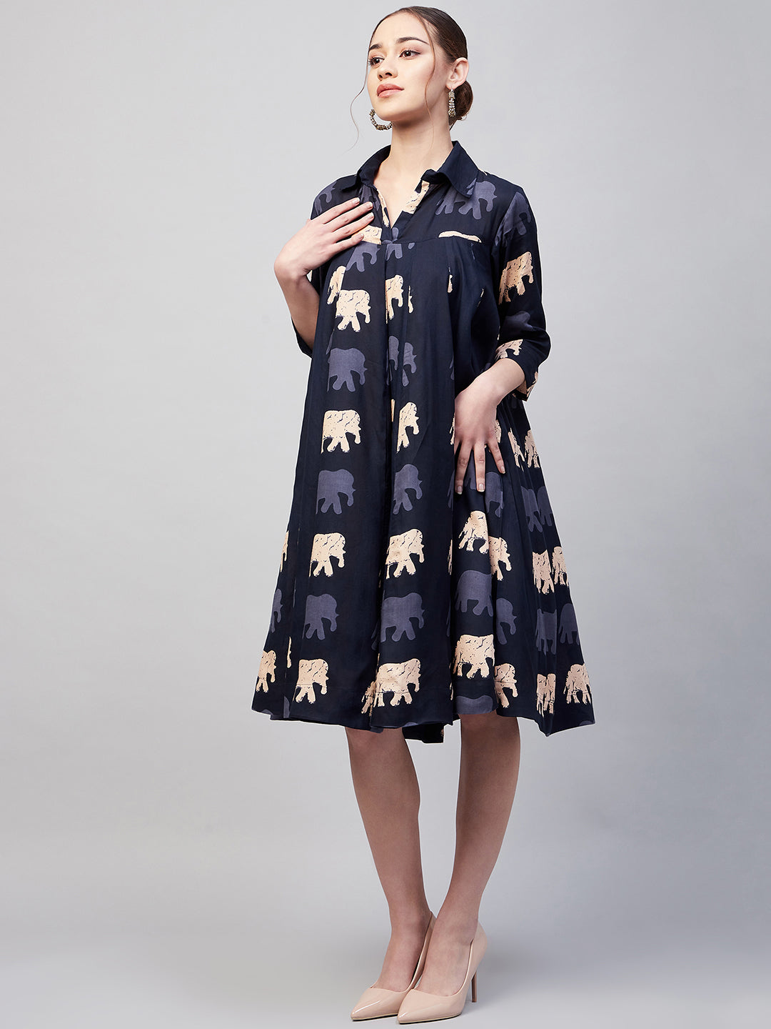 InWeave Women's Blue Elephant Print Flared Dress - Swadesiicart
